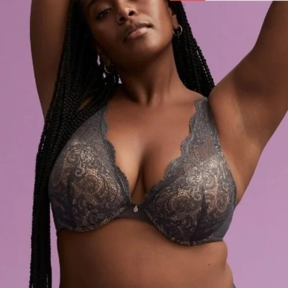 Thirdlove 24/7 lace contour plunge bra gray charcoal nude 32F